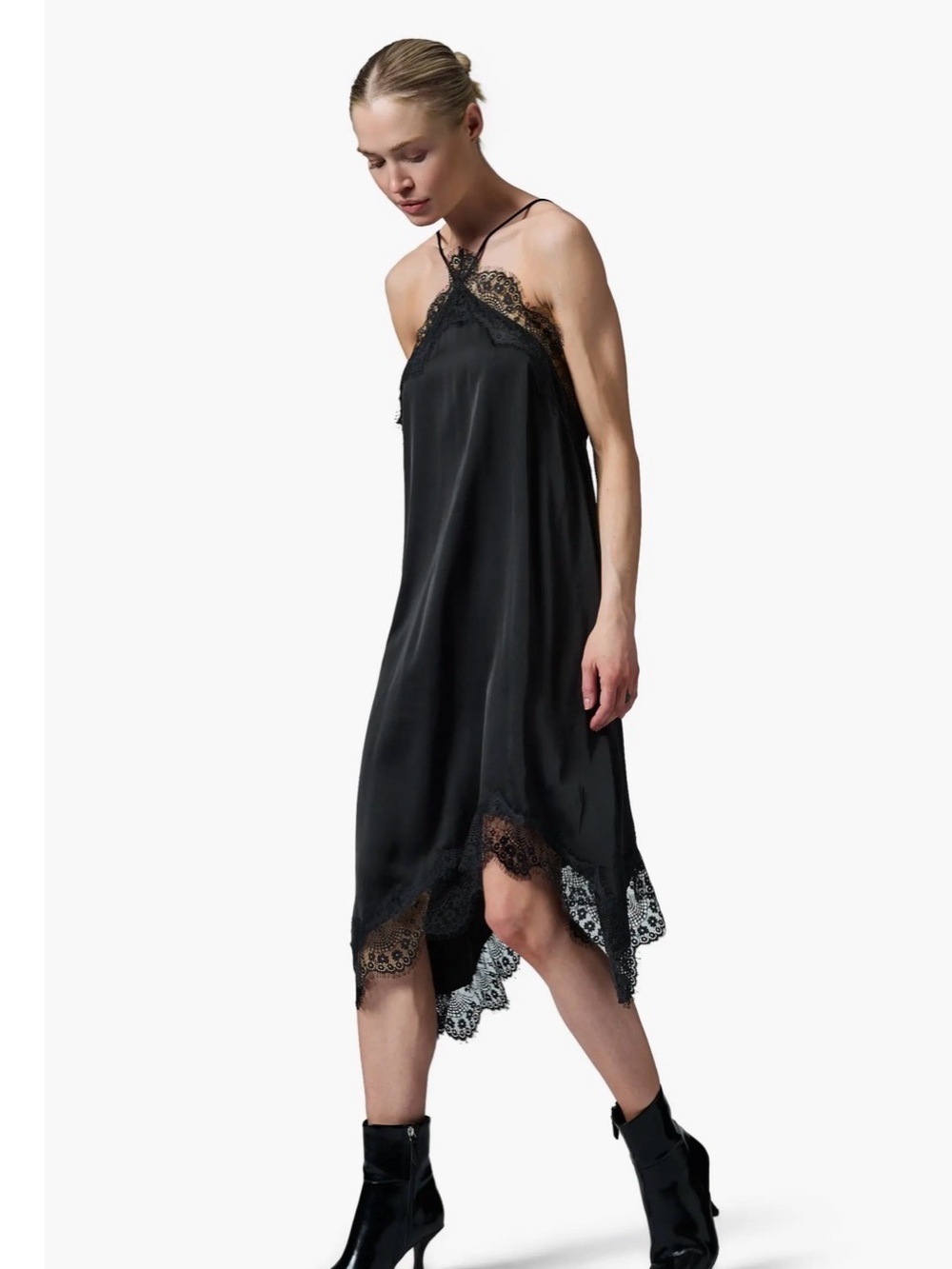 Day Birger et Mikkelsen Black Lace-Trim Slip Chemise asymmetrical midi dress NWT